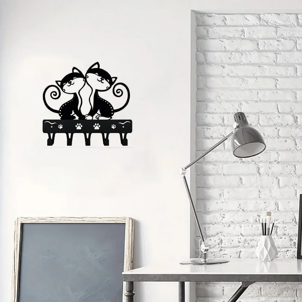 CIFBUY Twin Cats Key Rack Wall Mounted Metal Hook Artwork Cat Lovers Home Decor Hanging Organizer Entryway Gift Rustic Sign