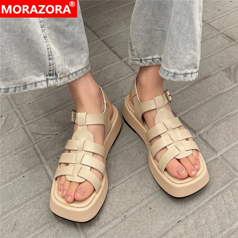 

MORAZORA 2022 New Genuine Leather Sandals Women Shoes Cut Outs Summer Platform Sandals Ladies Shoes Fashion Casual Shoes