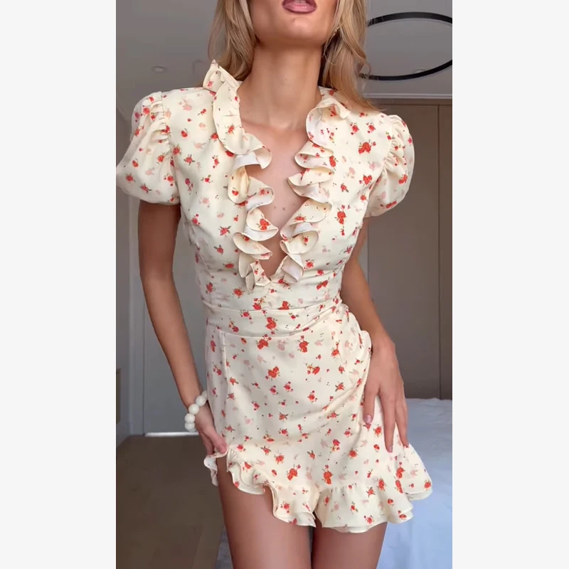 Women's Printed V-neck Short Sleeve Waist Cinching Mini Dress Chic A-line Bodycon Dresses 2026 Lady Summer Vacation Sweet Robes