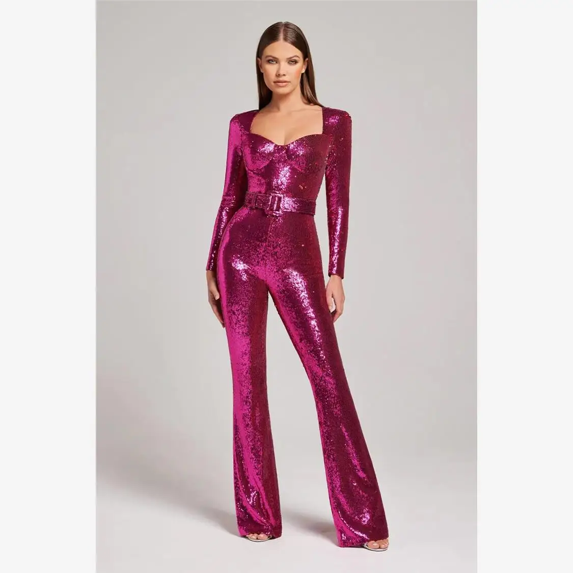

Faionable Long Sve Sequin Belted Par Jumpsuit Street Sle High Waist Pants Casual Long Leggings Women's Clothing