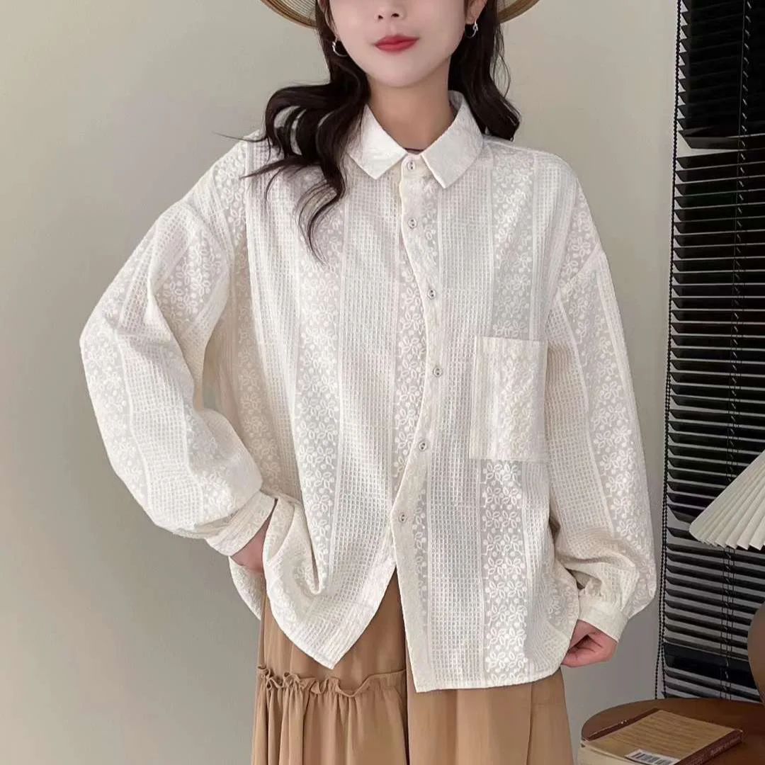 

Sweet Mori Girl Embroidery White Cotton Shirts Women Spring Autumn Turn-down Collar Long Sleeve Casual Loose Blouse Blusas Tops