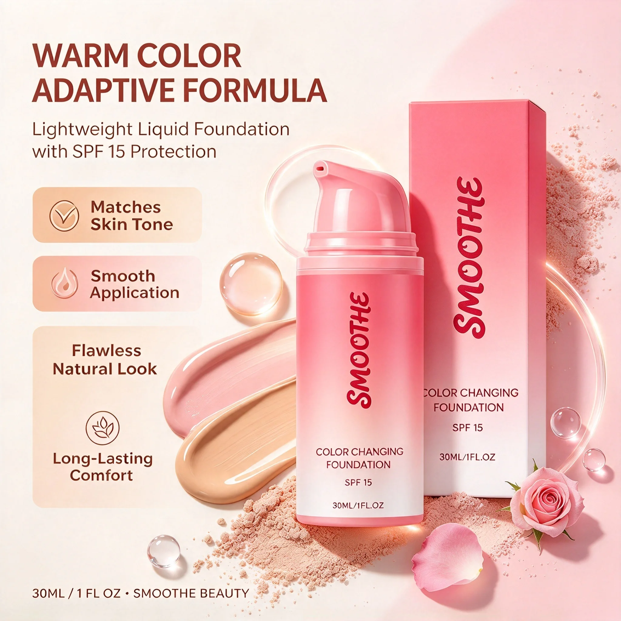 Smoothe Color Changing Foundation 30ml, SPF15 Skin Matching Liquid Foundation, Long Lasting Full Coverage Natural Makeup Base