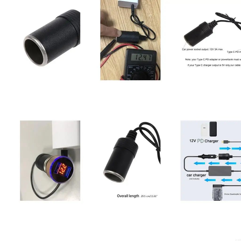 E1PF USB Converter Plug to DC12V 36W Car Cigarette Adapter Cable 33cm Length