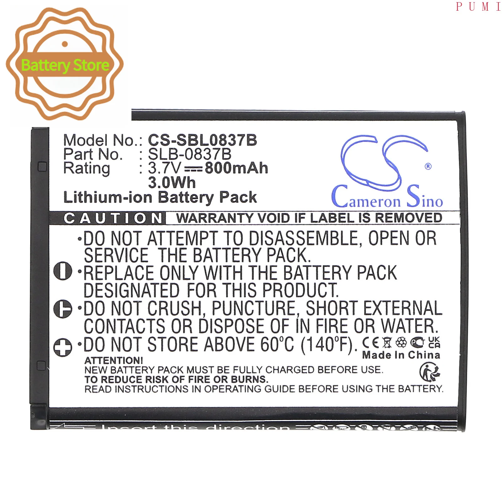 CS Replacement Battery for Samsung Digimax L70,Digimax L70B,L201,L83T,NV10,NV15,NV20,NV8 PN:SLB-0837B,SLB-083 800mAh / 2.96Wh