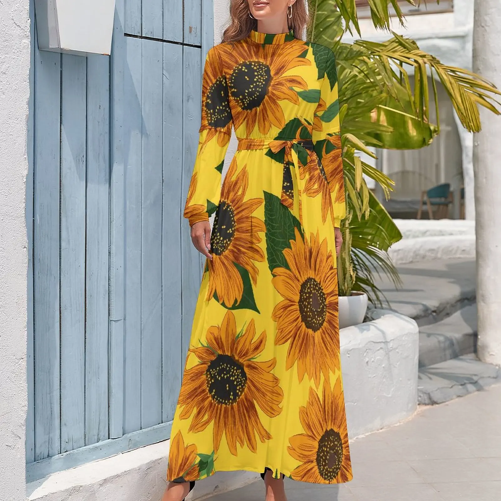 Sonnenblumen muster Kleid Blätter und Blumen Street Style Boho Strand kleider Frauen Langarm hohe Taille sexy lange Maxi kleid