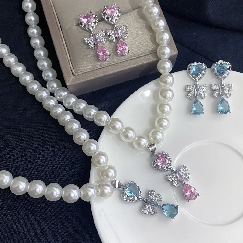 

Муассанит MDL. Стильный красивый светящийся аквамарин, набор из 2 ожерелий с розовой лентой принцессы 18 карат