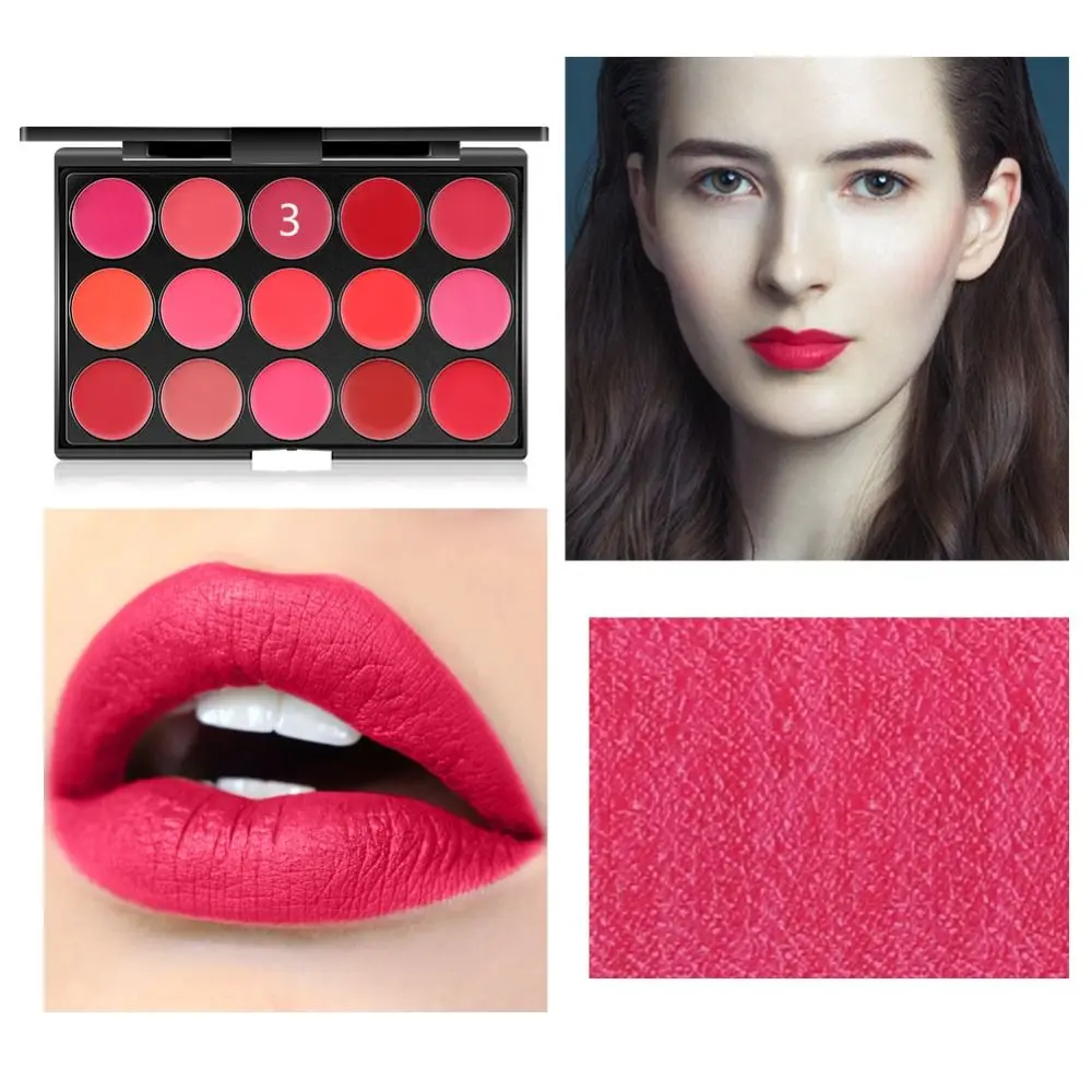 Non-Sticky Cup Matte Lipstick Palette with Mirror Long Lasting Waterproof 15 Color Lip Gloss Palette Nude Red Lips Makeup Tool