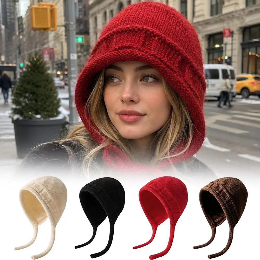 Fashion Thickened Knitted Beanie Hat Windproof Solid Color Woolen Hat Cold-proof Ear Protection Knitted Earmuff Hat Women