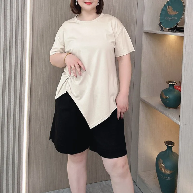 

Plus Size Women Tees Summer Thin Comfortable skin-friendly Short Sleeve T-shirt Loose Asymmetric Fold Tops