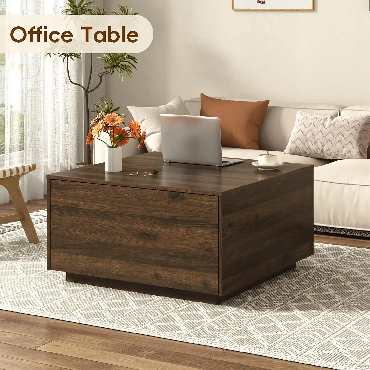 31 inch Wood Square Coffee Table W/2 Storage Drawers,Long Center Table, Customized