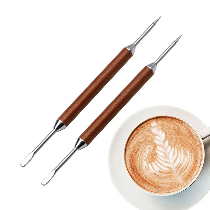 Stainless Steel Coffee Decorating Art Pen Wooden Handle Latte Pull Flower Needle Barista Tool Coffee Accessories Modeling Tool