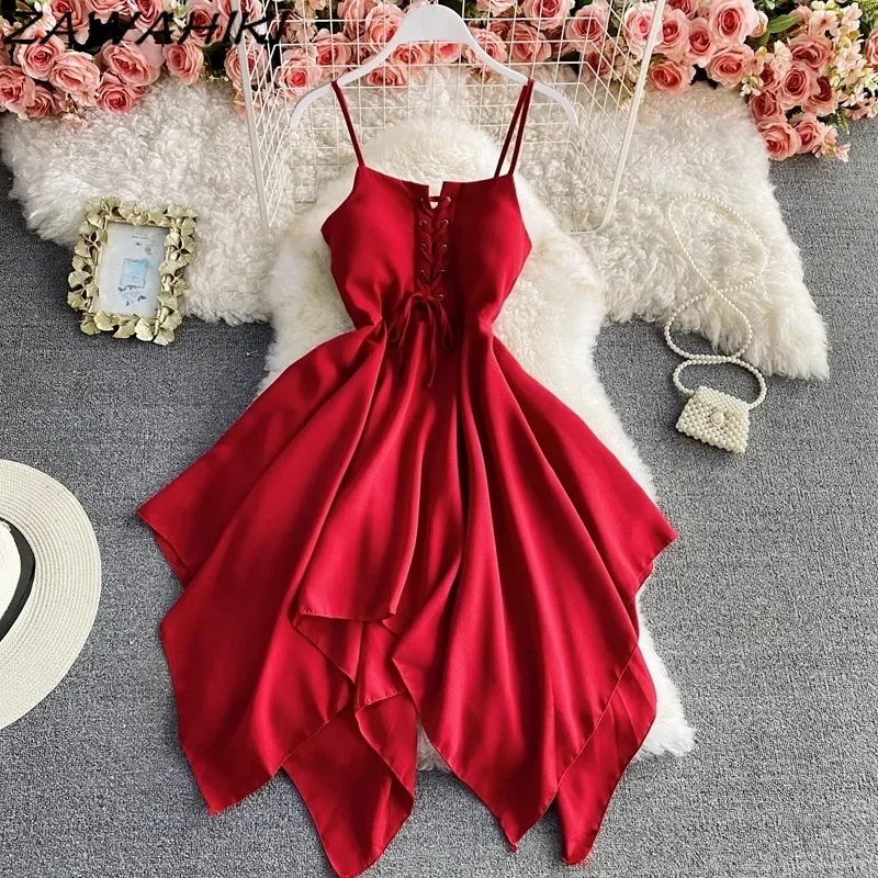 Camisole Dress for Women Bandage Irregular Pleated Vestidos Patchwork Sleeveless Ropa Mujer Solid Color Short Dresses for Female