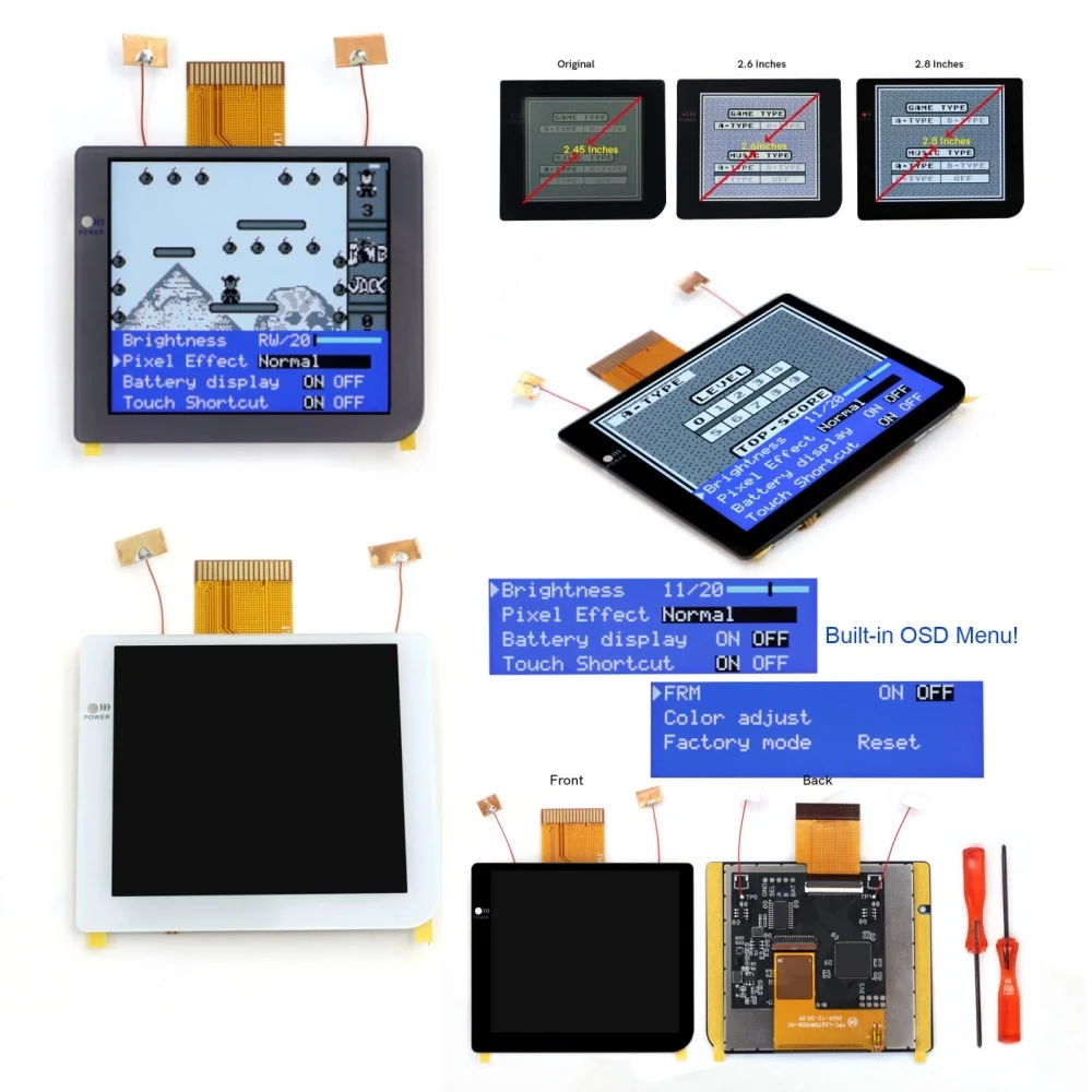 For GBP Black White Gray Laminated 2.8 inch Larger IPS Screen LCD Integer Scaling Build in OSD For GBP Retro Pixel Screen Kits