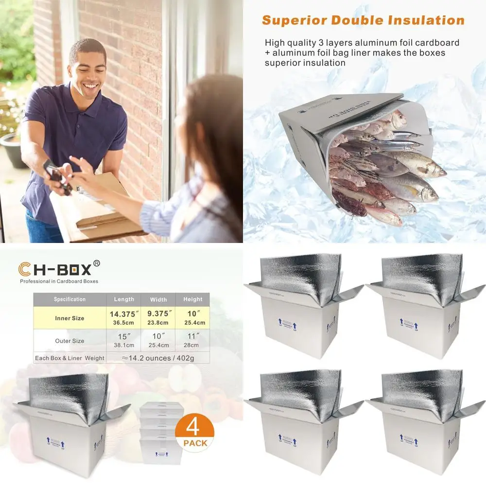 

4 Pack 15 x 10 x 11 Insulated Small Cold Shipping Boxes with Liners for Perishable Frozen Food