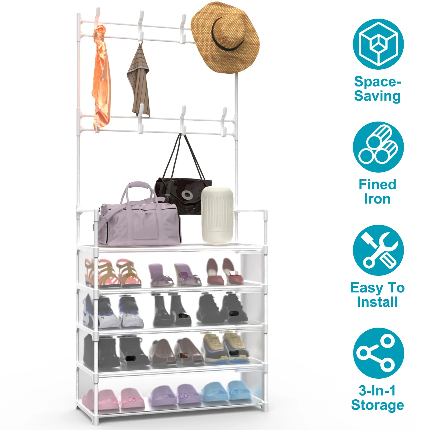 5-Tier Dustproof Entryway Hall Tree Coat Rack Shoe Rack With 8 Removable Hooks Freestanding Shoe Storage Shelf Hat Clothes