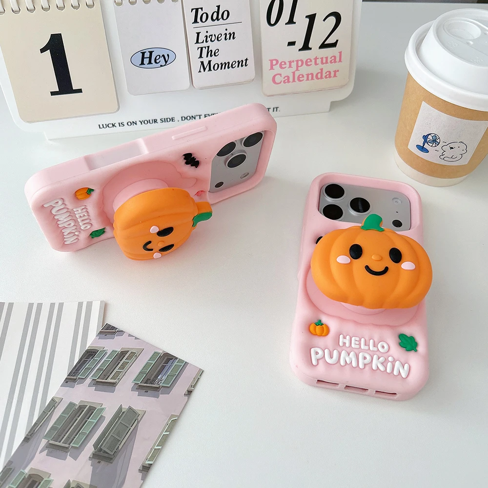 Niedliche 3D-Halloween-Kürbis-Handyhülle aus weichem Silikon für iPhone 18, 17, 16 Pro Max, stoßfest, mit integriertem Ständer, Schutzhülle. – Detail 2