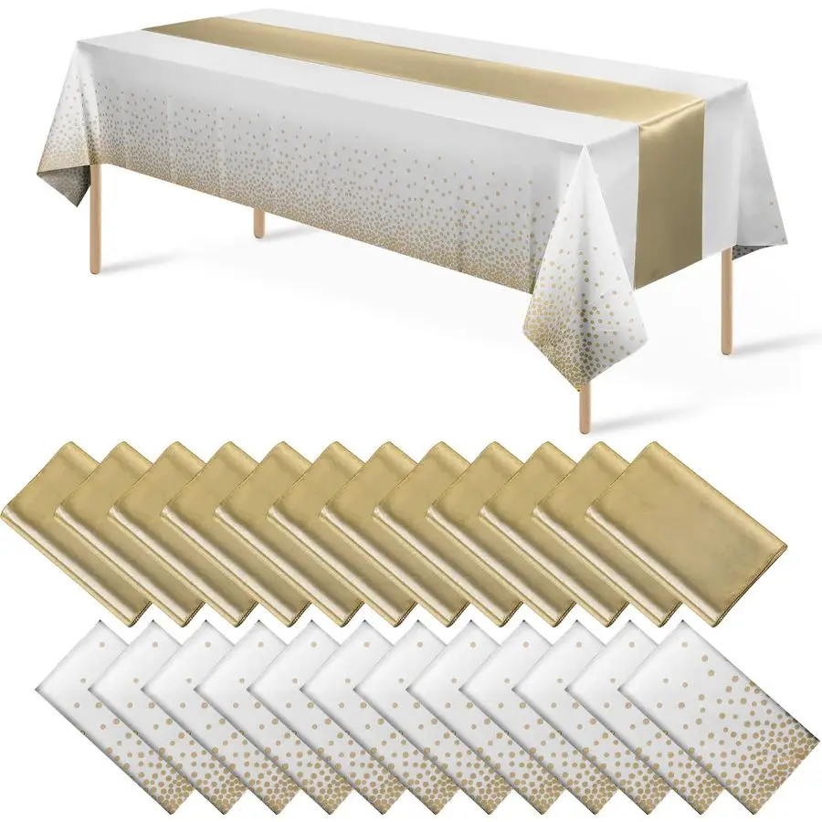 

Disposable Plastic Tablecloths and Satin Table Runner Set White and Gold Dot Tablecloth Gold Satin Table Runner for Wedding Birt