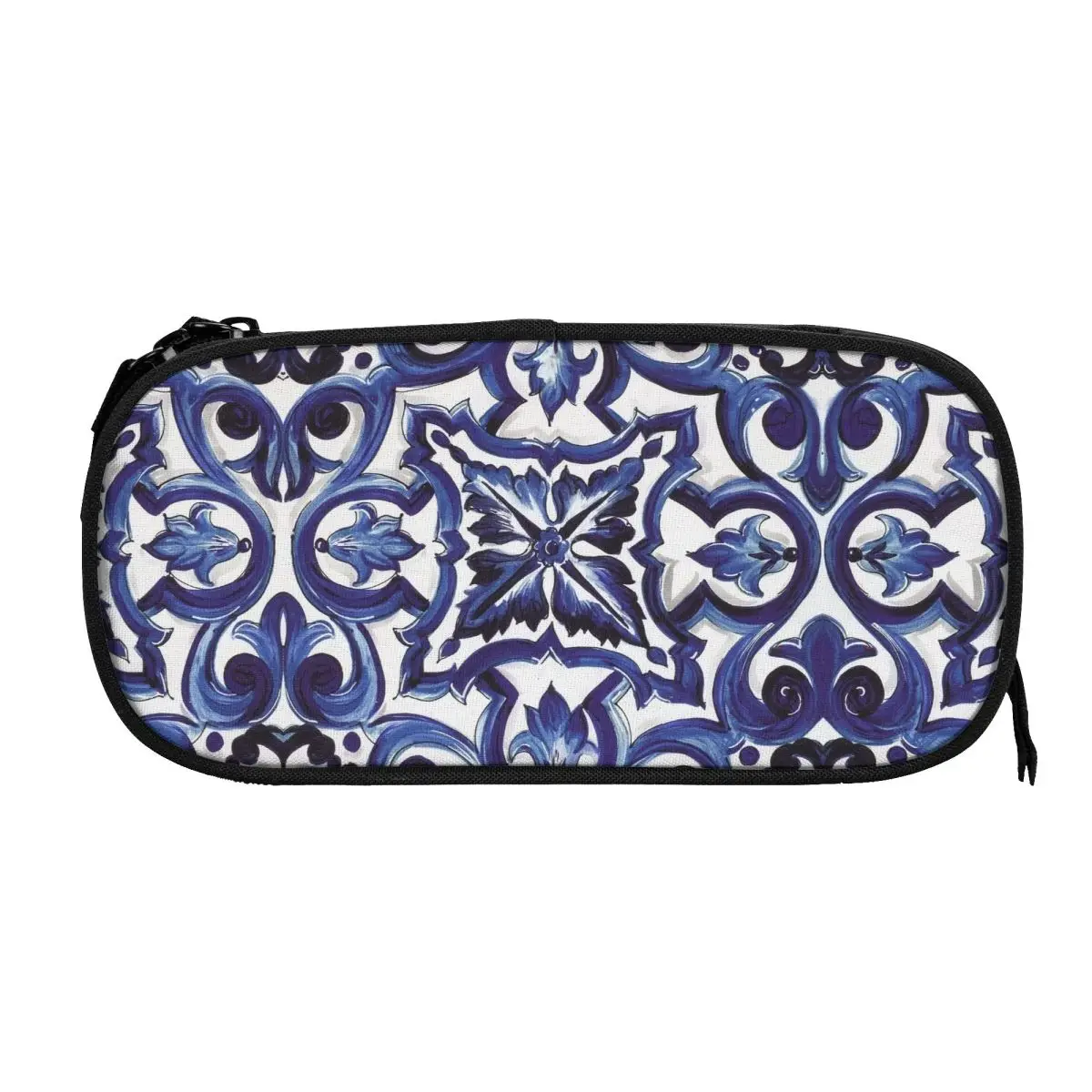 Blue Ornate Floral Mediterranean Sicilian Tile Pencil Cases for Student School Pen Box Pencil Bag Large Storage Pencil Pouch