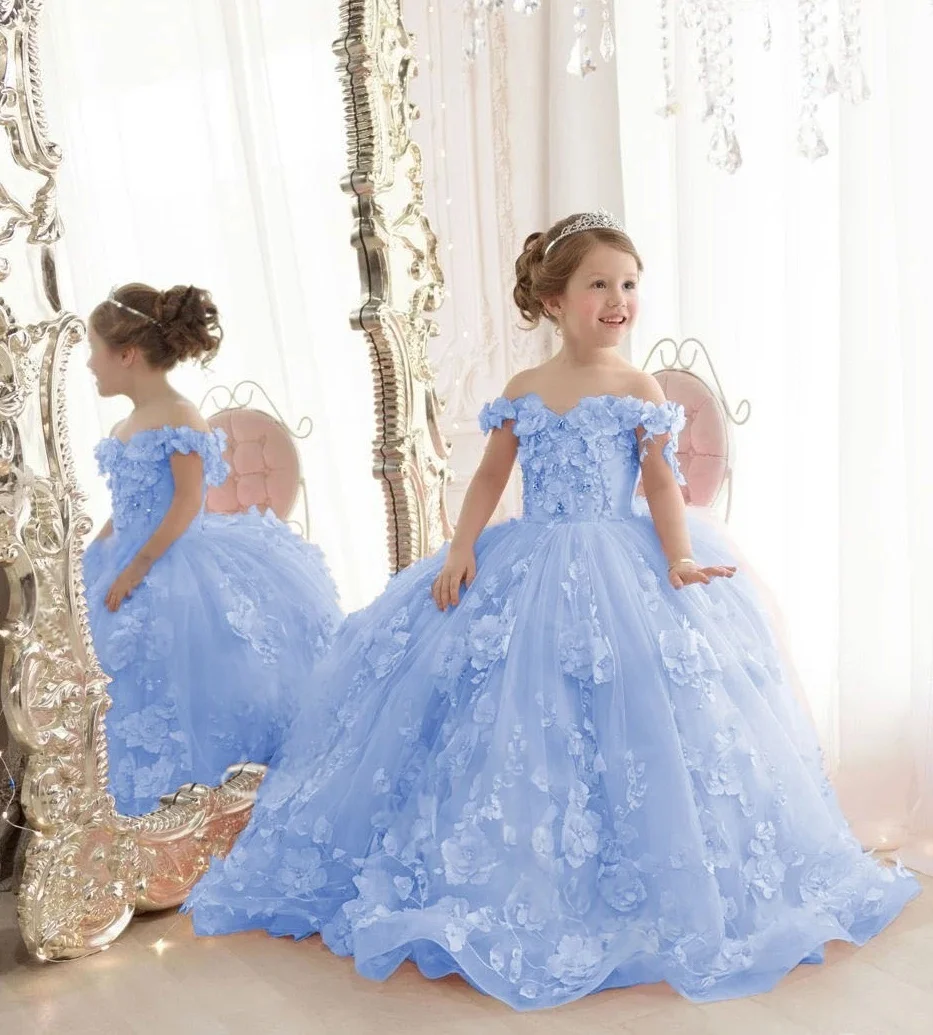 Custom Light Blue Floral Off Shoulder Flower Girl Dress First Christmas Dress Wedding Party Gown for Girls فساتين اطفا