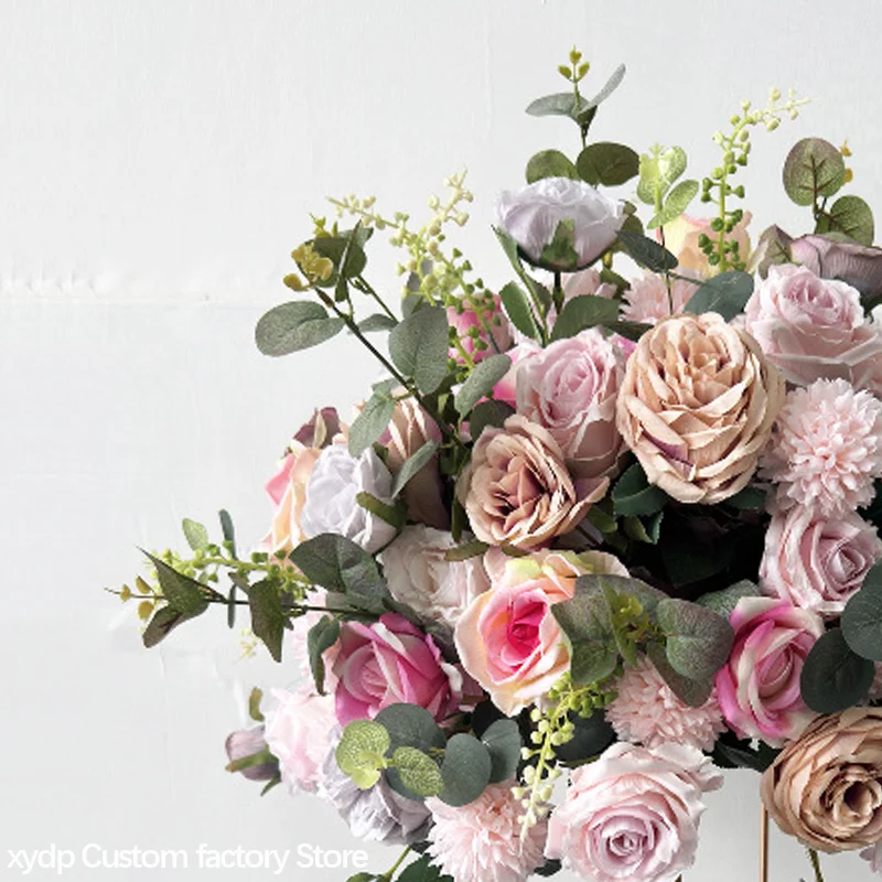 Künstliche Rosen, grüne Pflanzen, rosa Blätter, 70 bis 30 cm Blumenball, Tischblumenarrangement, Hochzeitskulisse, Dekoration, Blumenball-Requisiten – Detail 4