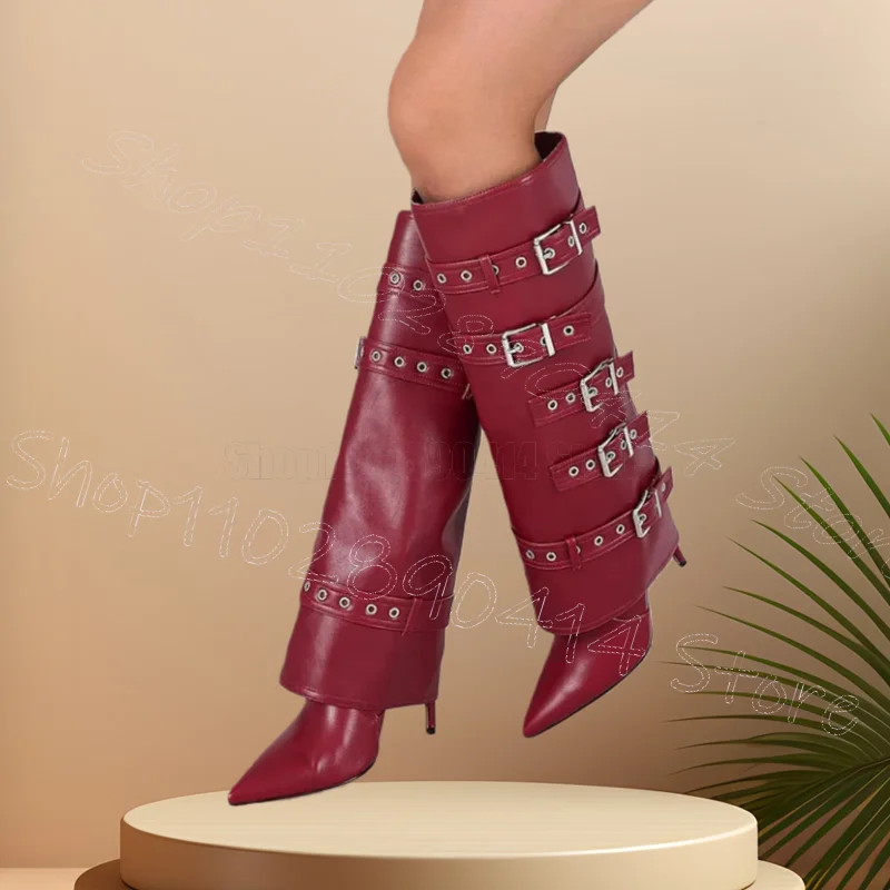 

Burgandy Belt Fastener Turned Over Boots Slip On Women Shoes Thin High Heels Pointed Toe Party Dating 2026 Zapatos Para Mujere