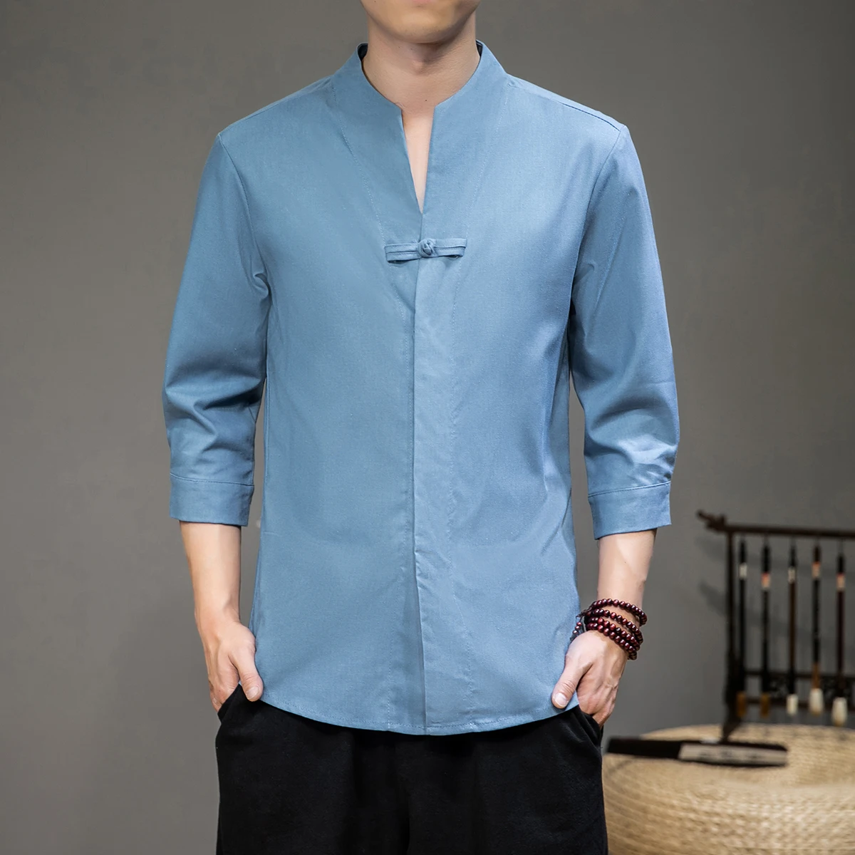 

Spring Summer Three Quarter Sleeve Linen Shirts Men Solid Chinese Style Stand Collar Casual Shirt Male Breathable Vintage Blouse