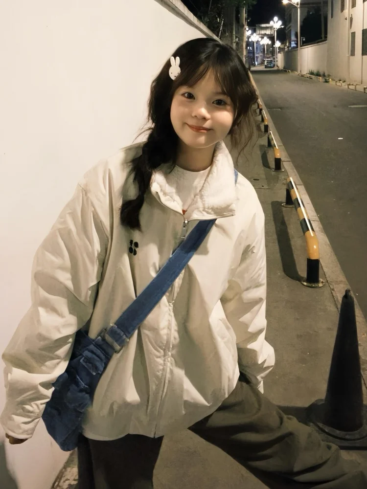 

Lamb Wool Jacket Winter Coat Woman Patch Pocket Utility Design Button-Through Front Workwear Inspiration Practical Approach Vibe