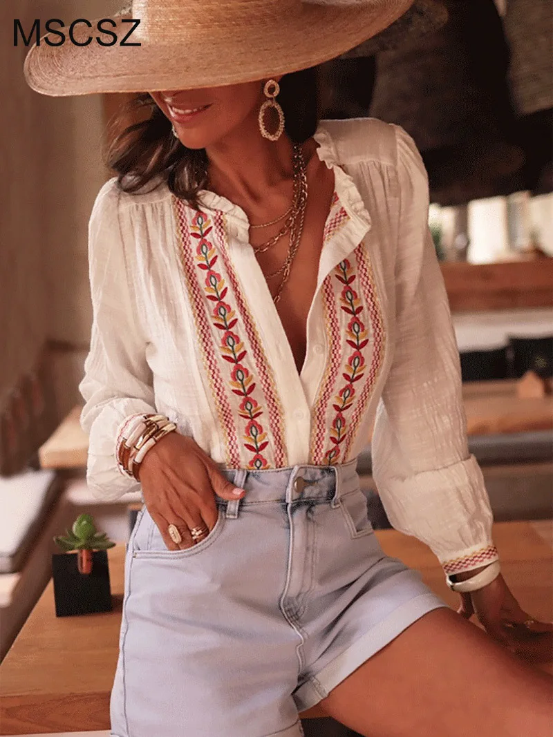 

MSCSZ 2025 Autumn Women's Embroidered Shirt Collared Button-Up Long Sleeve Shirt Vintage White Linen Shirts