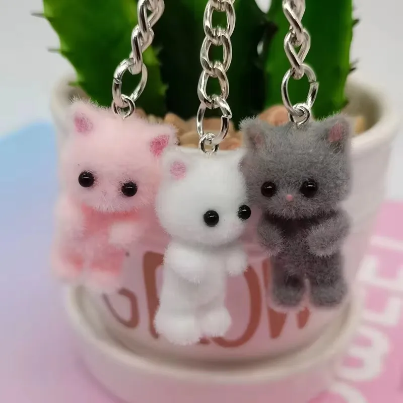 3D 만화 플로킹 고양이 키 체인, 귀여운 퍼지 키티 고양이 하트 활 키 체인, 카와이 주얼리 선물, 여성용 자동차 키 DIY 주얼리