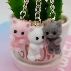 3D 만화 플로킹 고양이 키 체인, 귀여운 퍼지 키티 고양이 하트 활 키 체인, 카와이 주얼리 선물, 여성용 자동차 키 DIY 주얼리