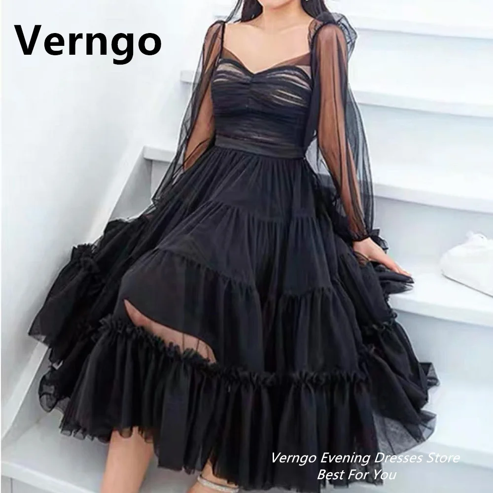 

Verngo Sweetheart Long Puff Sleeves Party Dress Formal Dress A Line Tulle Formal Dress Prom Gowns Zipper Simple Evening Dress