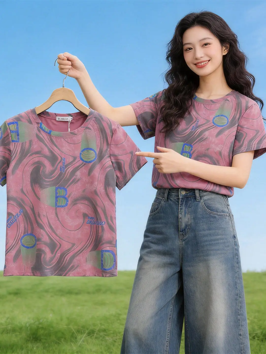 

Summer Loose Printed round Neck Short Sleeve T-Shirt Women's Fashionable Versatile Ladies Top Casual Style Polyester Fiber