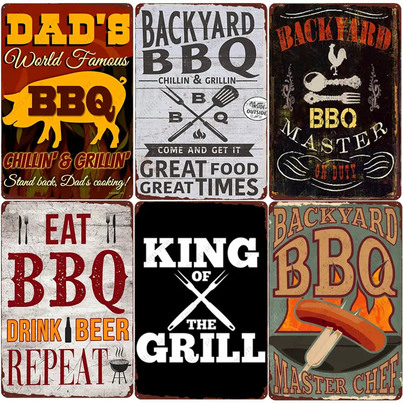 Backyard BBQ Sign Vintage Grill King Metal Tin Sign Bar Pub Garden Decor Dad\'s BBQ Wall Plate Chillin&Grillin Retro Plaque N377