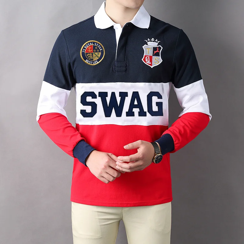 Men\'s polo shirt SWAG long sleeve Royal casual sport party high-end cotton embroidery luxury contrast color original design