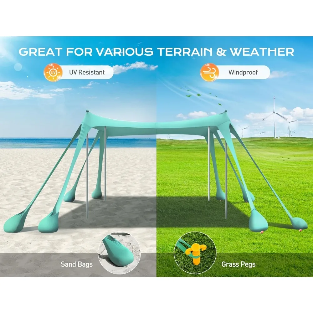 Tragbares Strandzelt mit über 50 UPF-UV-Schutz, 10 x 10 Fuß Sonnenschutz, inklusive 8 Sandsäcken, Schaufeln und Erdnägeln