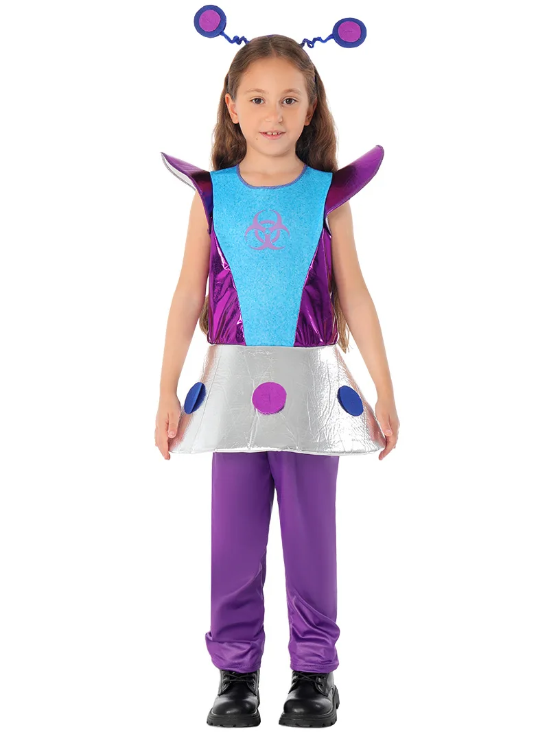 Kids Purple Alien Cosplay Costumes Dress with Pants and Headband for Halloween Party Suit for Girl Dress Up Set