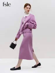 FSLE 100% Wool Women Jacket Skirt Sets Square Neck Short Women Single Brested Woolen Coats Zipper Waist Long Skirts Purple Set