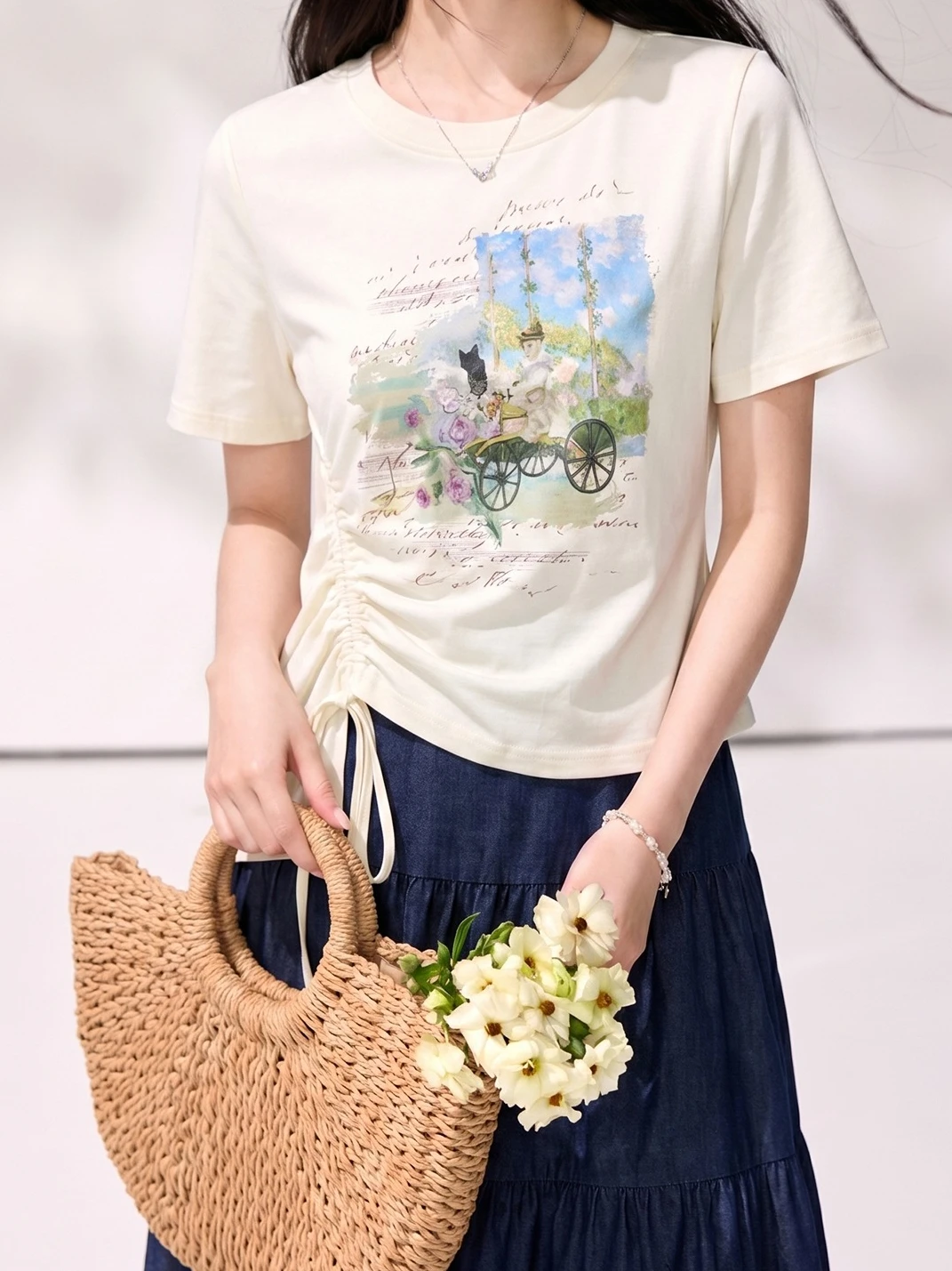 Retro Oil Painting Print Side Gathered Lace-up Short Sleeve T-shirt Summer Women's Waist-cinching Slimming Casual Versatile Top