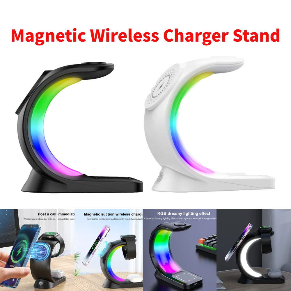 

4 In 1 Magnetic Wireless Charger Stand Pad RGB LED Light 15W QC3.0 Fast Charging Station Dock for iPhone 14 13 12 Apple Watch