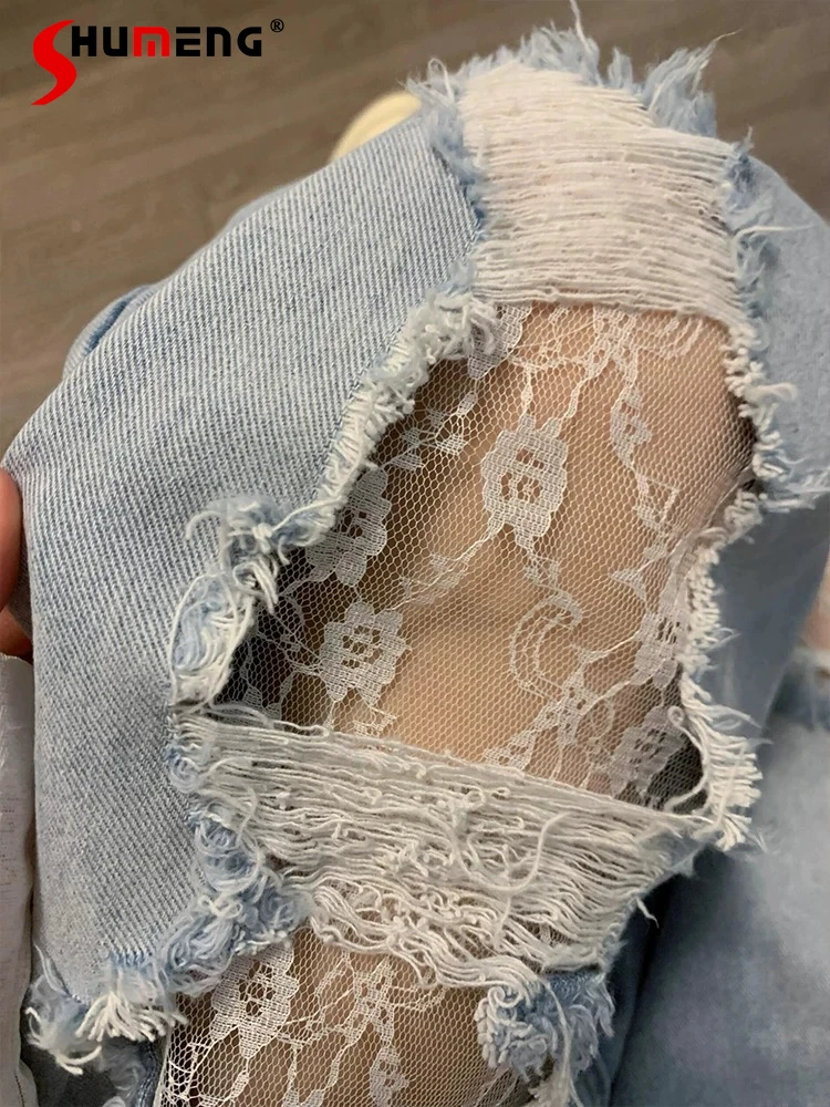 

Fashion Lace Hole Jeans Women's 2026 Summer New Thin Over Size High Waist Chic Denim Trousers Loose Comfort Wide Leg Denim Pants