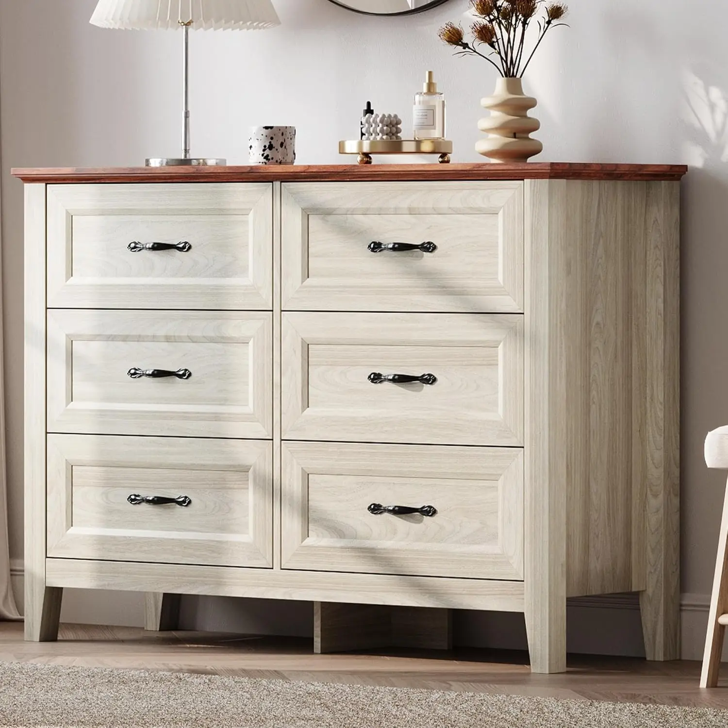 LINSY HOME Farmhouse 6 Drawers Dresser, White Wood Dresser for Bedroom Wide Chest of Drawers, French Country Storage Double