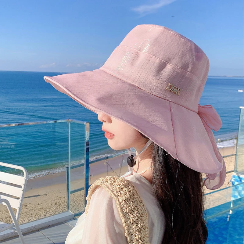 2024 summer cap ladies beach hat organza sunscreen sun hat large brim face sun hat for seaside holiday use