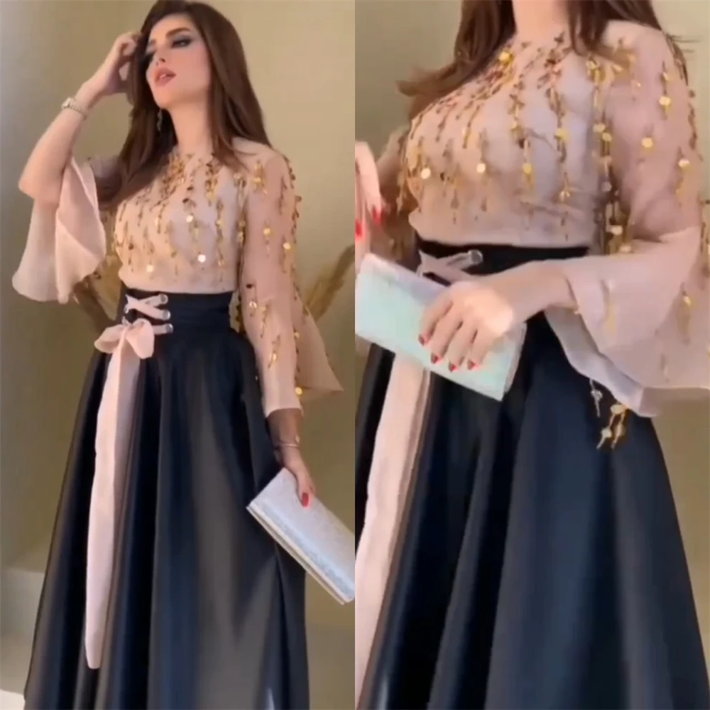 Vestido de noche de Arabia Saudita, traje Midi con apliques drapeados, línea A, cuello redondo, a medida