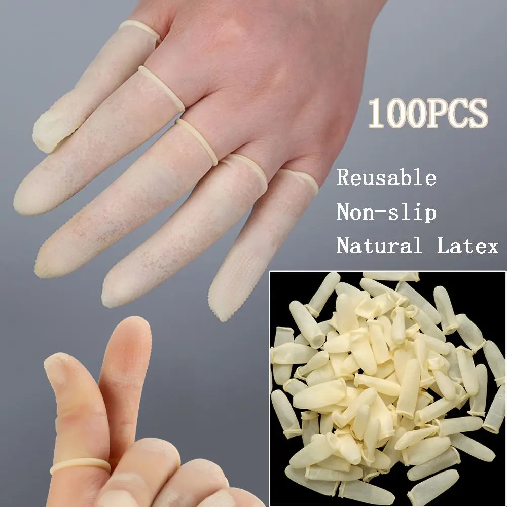 100PCS Reusable Finger Cover Natural Rubber Gloves Non-slip Latex Finger Cots Fingertips Protector Gloves Nail Art Tool