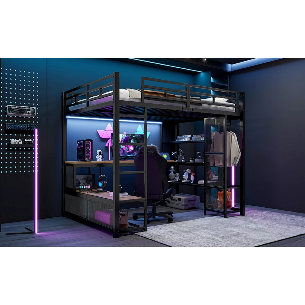 140 x 200 cm großes Hochbett aus Metall mit Stauraum und offenem Kleiderschrank, Kinderzimmerbett mit USB-Anschluss und LED-Beleuchtung, Schwarz/Weiß – Detail 11