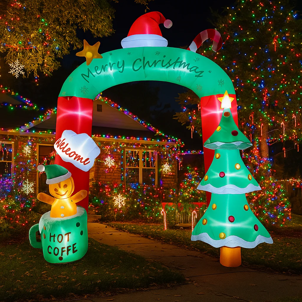 2.7M/8.8FT Inflatable Christmas Archway Tree Coffee Cup Lights LED Home Decor Toys Yard Xmas Ornaments Holiday Decor Supplies