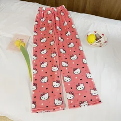 Lindo Hellokitty niñas pijamas pantalones Anime dibujos animados franela dormir pantalones mujeres cálido lana Casual pantalones blanco ropa de casa regalos