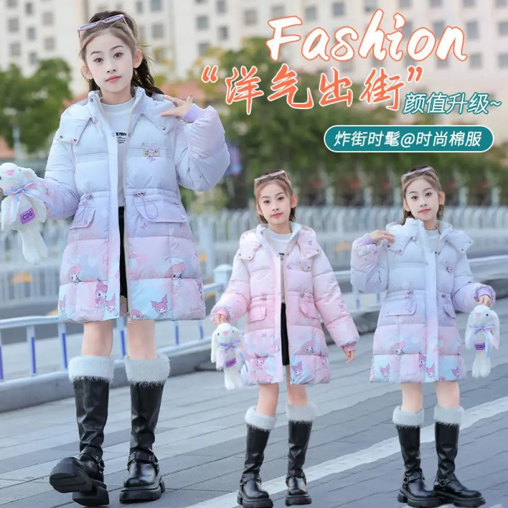 Sanrioed Kuromi My Melody Girls Thicken Cotton Padded Jacket Coat Cartoon Child Long Style Coat Winter Warm Cute Cotton Clothes