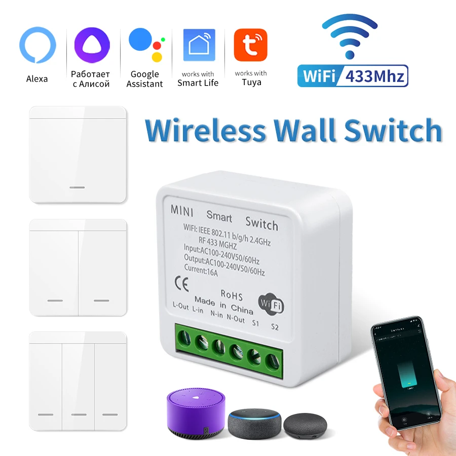 

Tuya Smart WiFi Switch 16A Релейный модуль приемника RF433MHz Беспроводной панельный переключатель Smart Life APP Голосовое управление Alexa Google Home