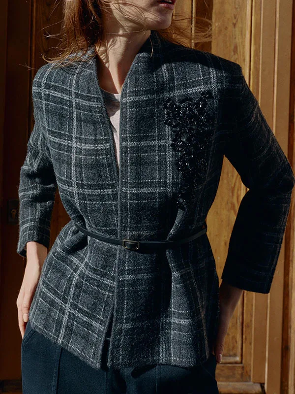 

Winter Women's Knitted Suit Jaet V-ne Belted Plaid Design Long Sve European Sle Faion Ladies' ort Outerwear